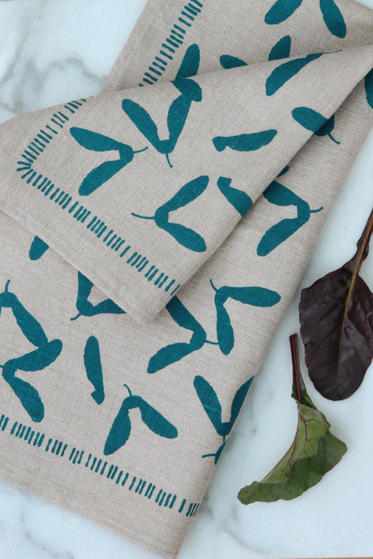Samara Kitchen Towel in Pool on Natural Linen