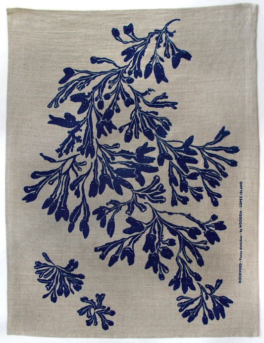 Seaweed Fucus Kitchen Towel in Indigo on Natural Linen