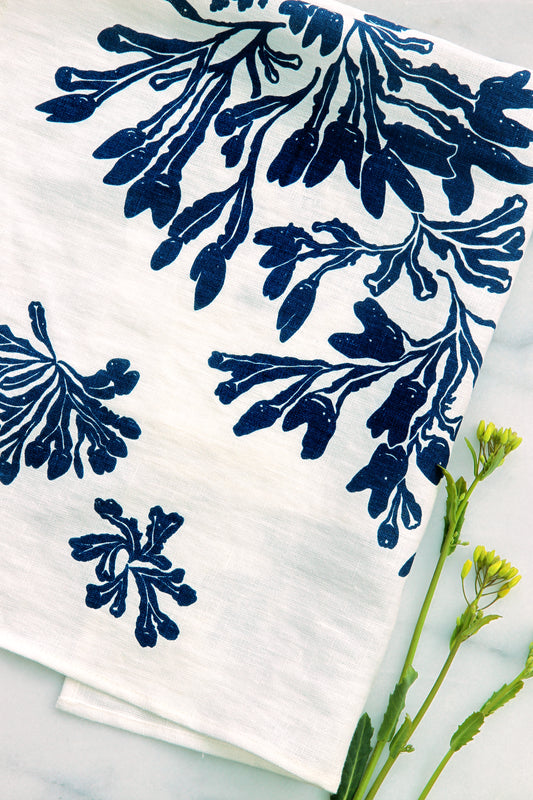 Seaweed Kitchen Towel in Navy on White Linen