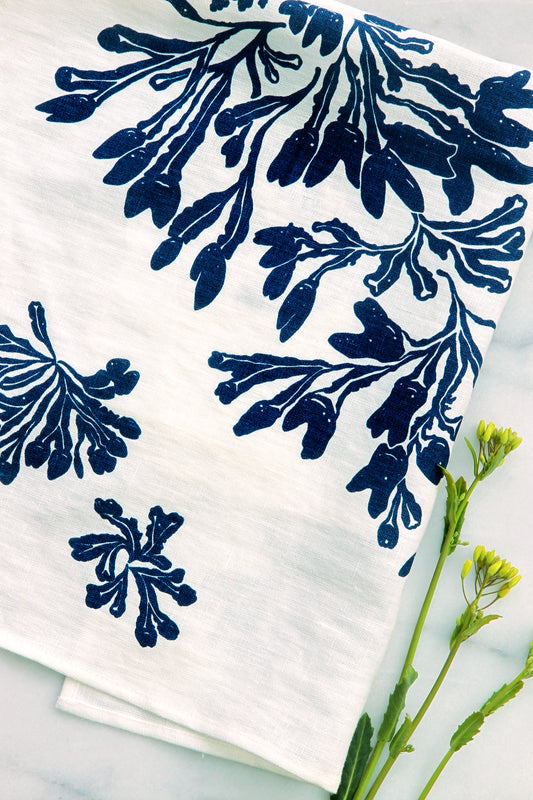 Seaweed Kitchen Towel in Indigo on White Linen