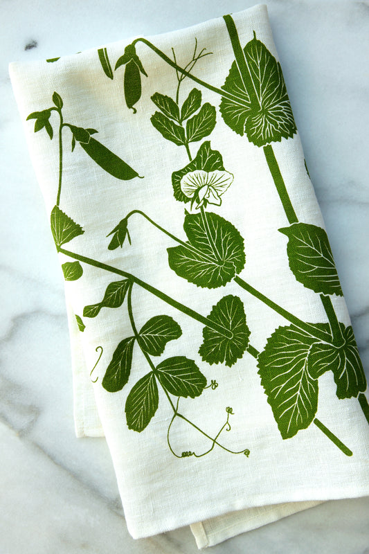 Snap Pea Kitchen Towel in Crisp Pea on White Linen