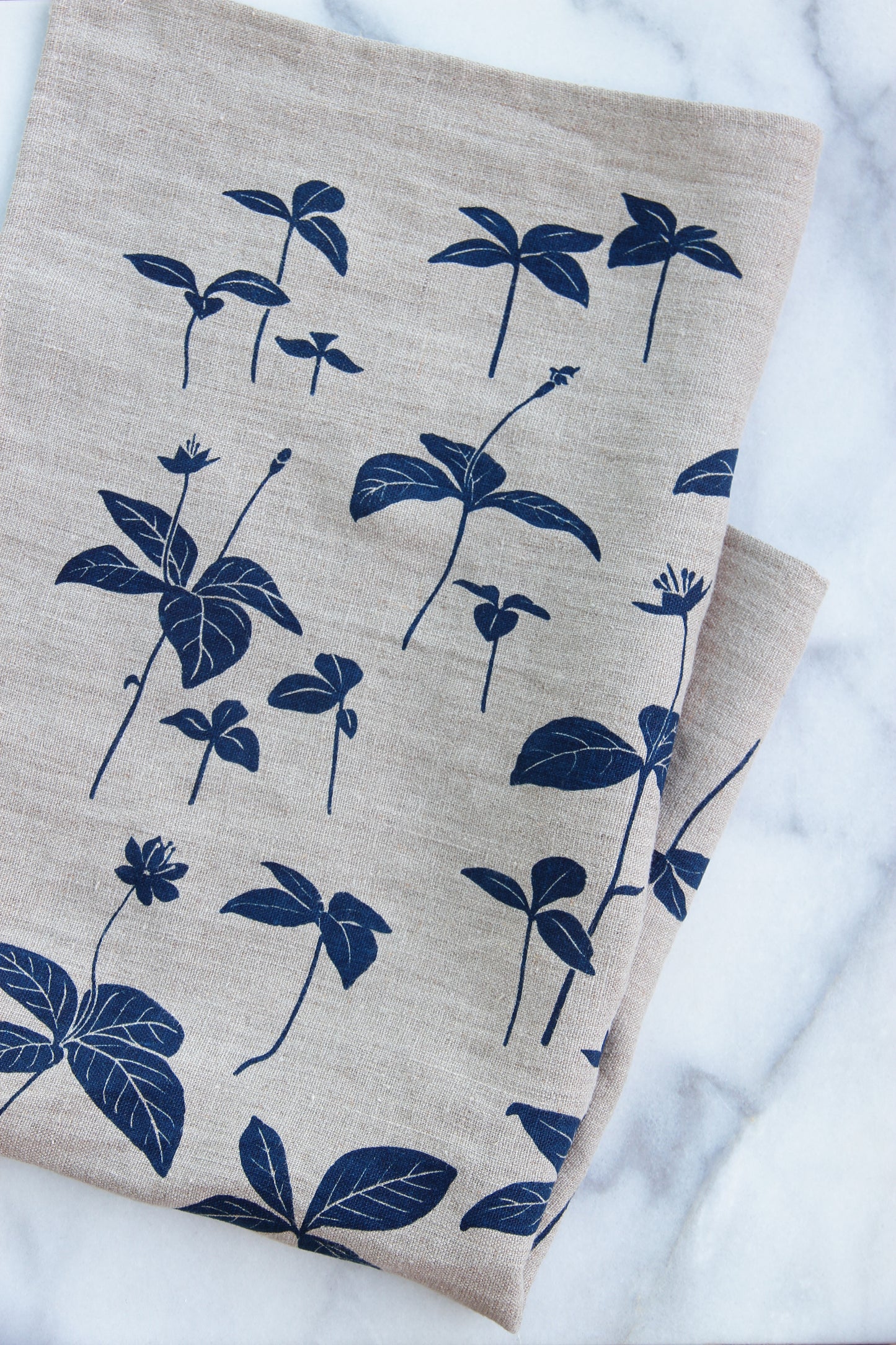 Starflower Kitchen Towel in Navy on Natural Linen