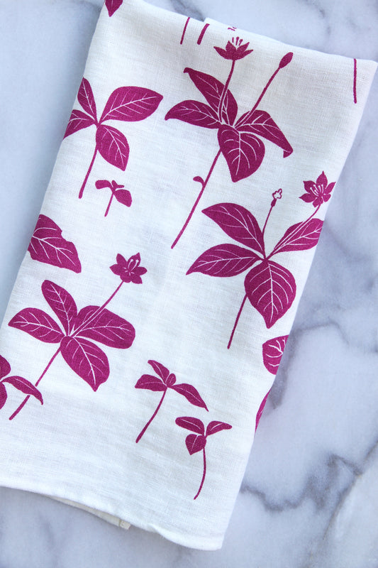 Starflower Kitchen Towel in Rosebud on White Linen