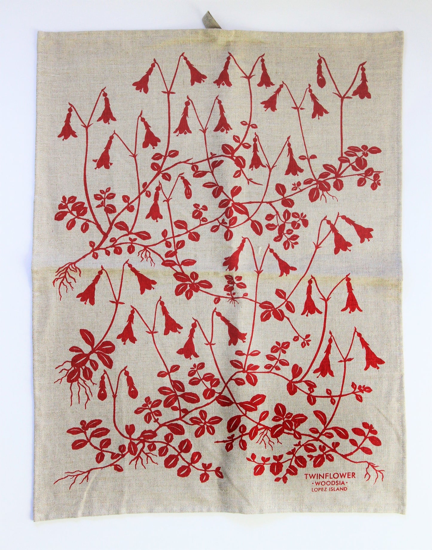 Twinflower Kitchen Towel in Coral on Natural Linen