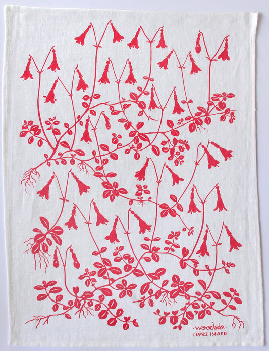 Twinflower Kitchen Towel in Peony Pink on White Linen