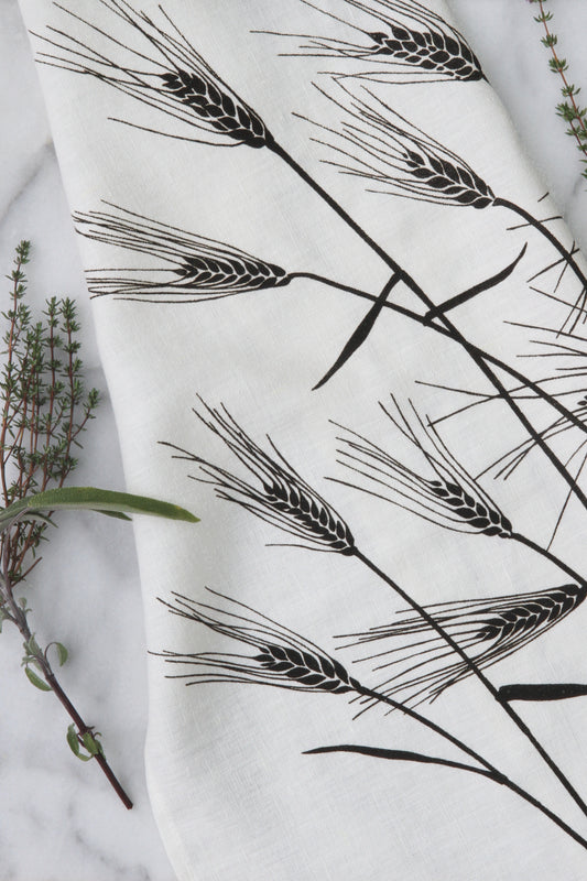 Wheat Kitchen Towel in Black on White Linen
