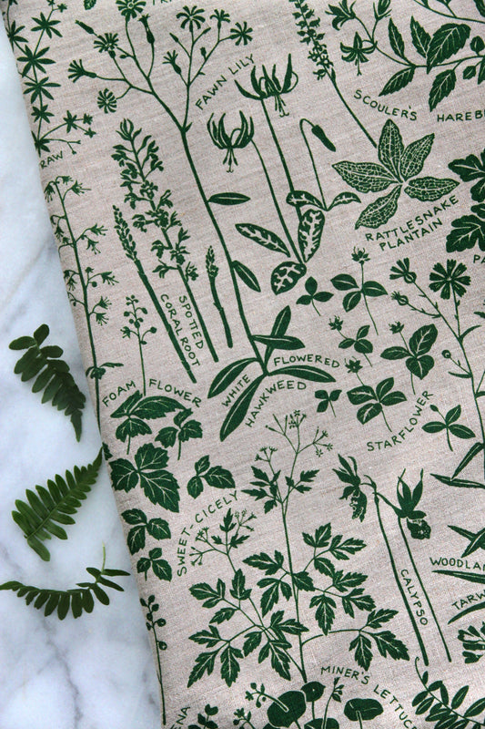 Woodland Wildflower Kitchen Towel in Hunter on Natural Linen