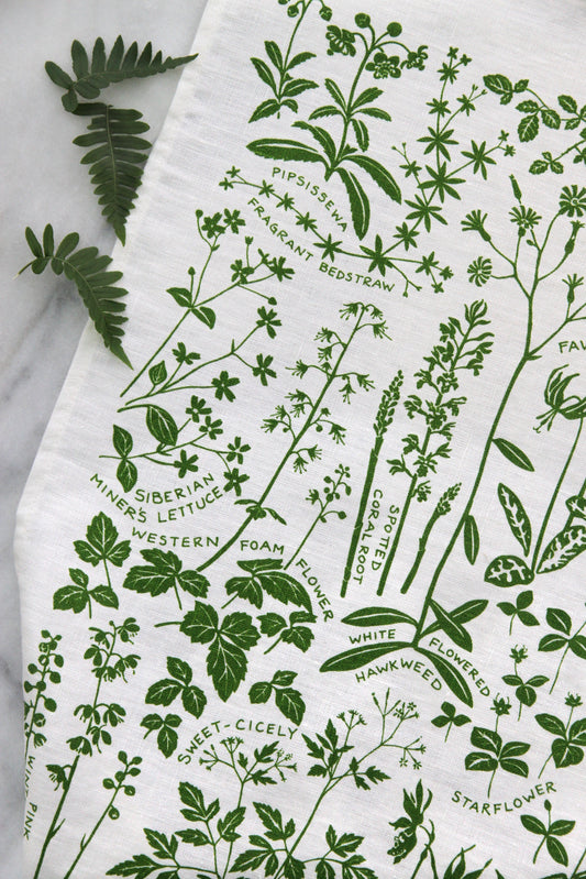 Woodland Wildflower Kitchen Towel in Spring Green on White Linen