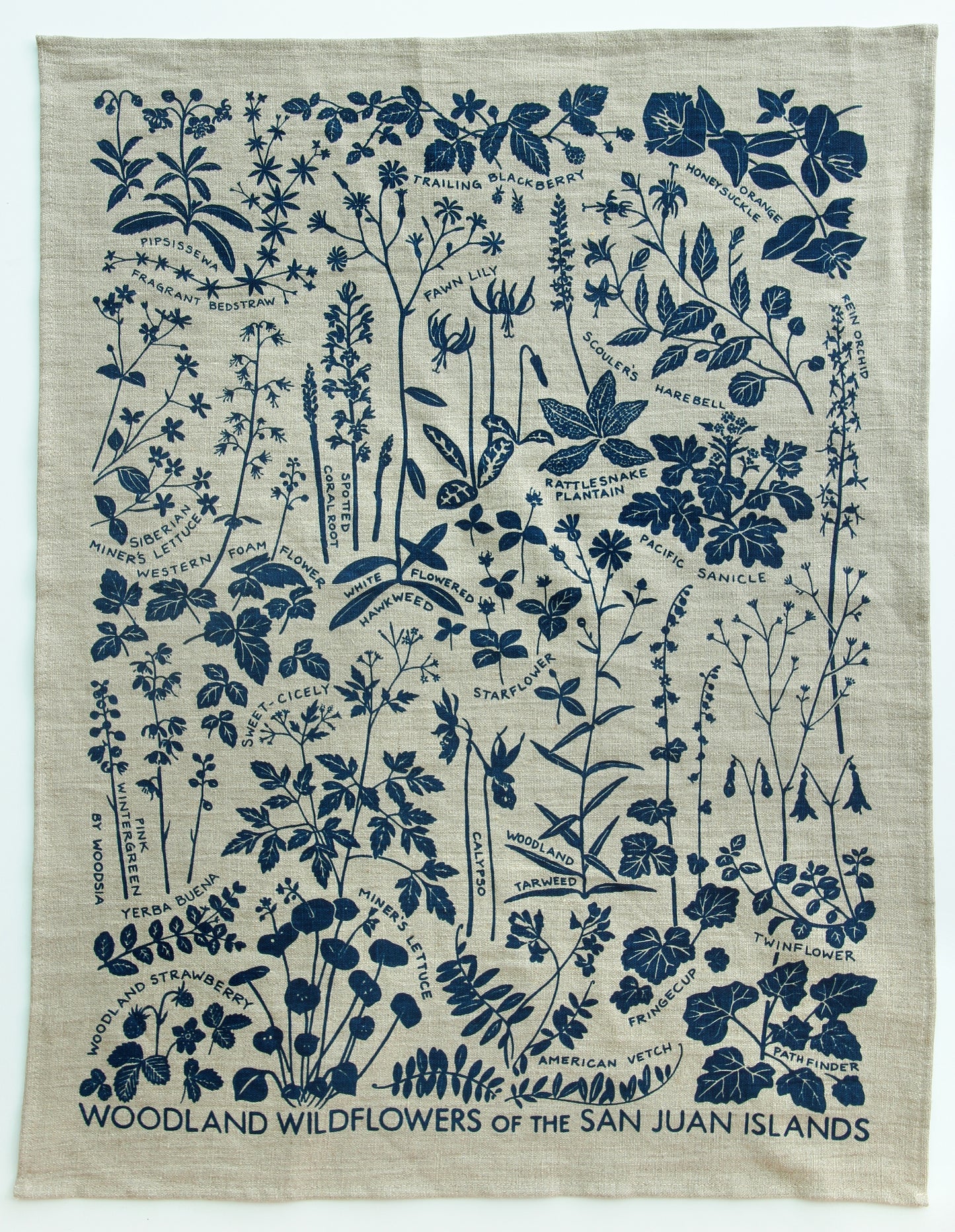 Woodland Wildflowers Kitchen Towel in Navy on Natural Linen