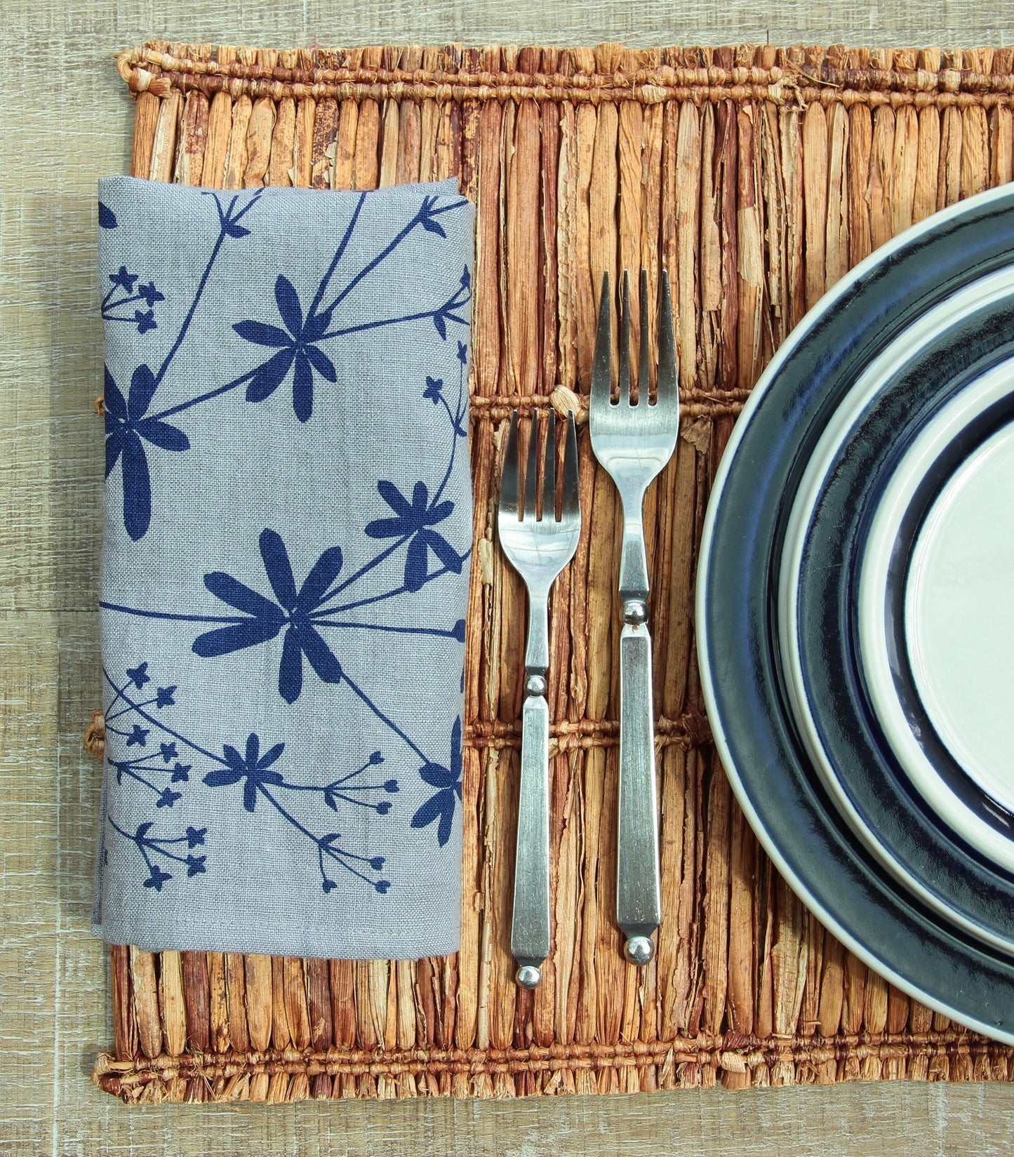 Bedstraw Napkin in Cobalt Blue on Cool Grey Linen