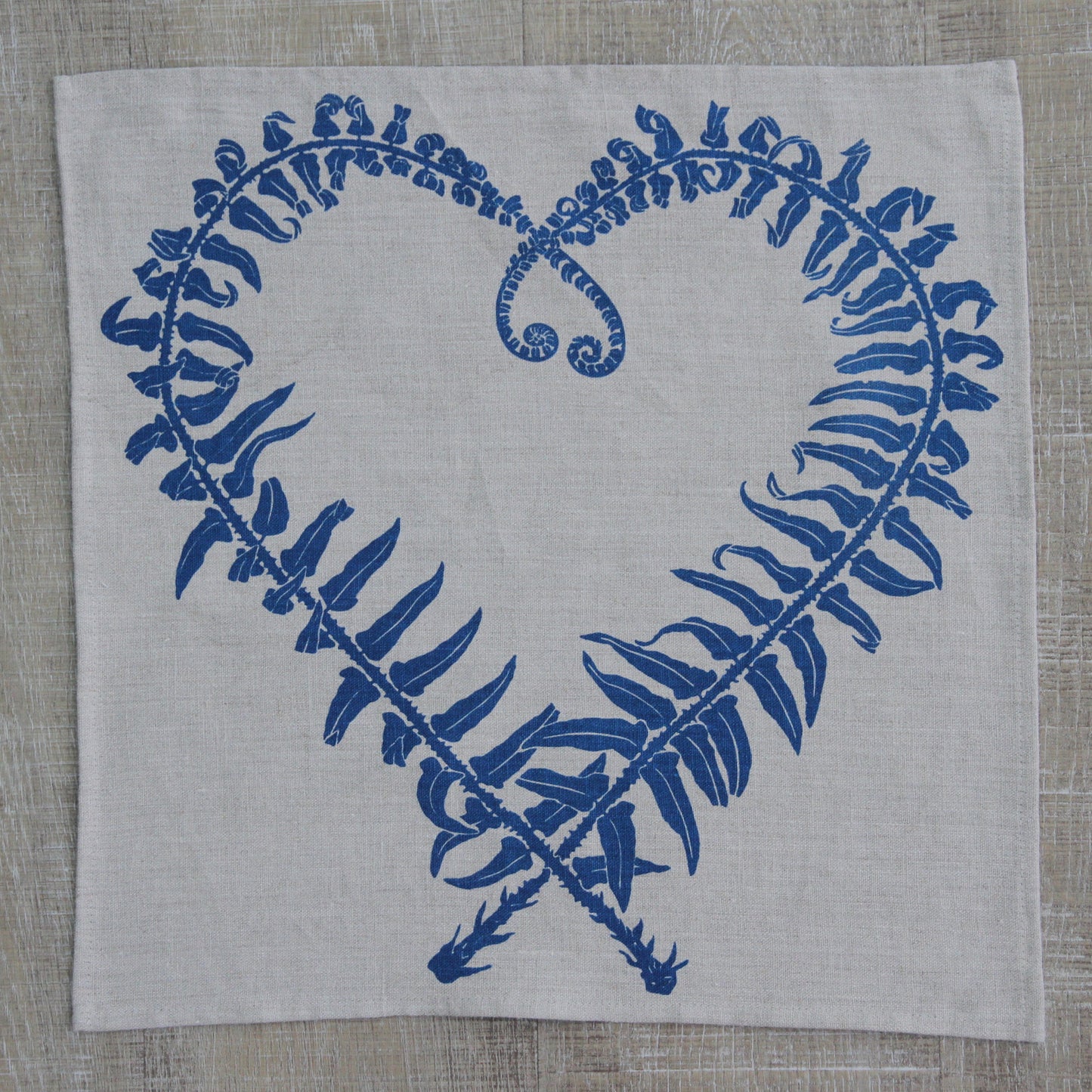 Sword Fern Heart Napkin in Clear Blue on Natural Flax Linen