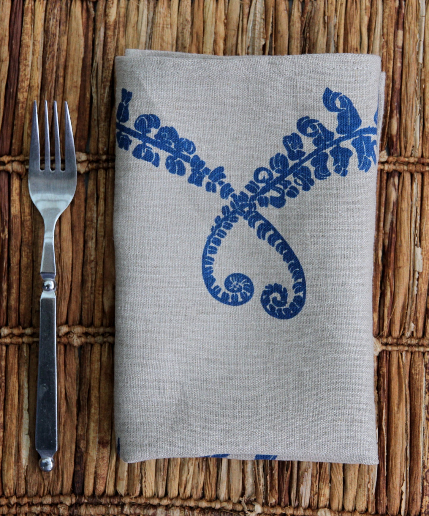 Sword Fern Heart Napkin in Clear Blue on Natural Flax Linen