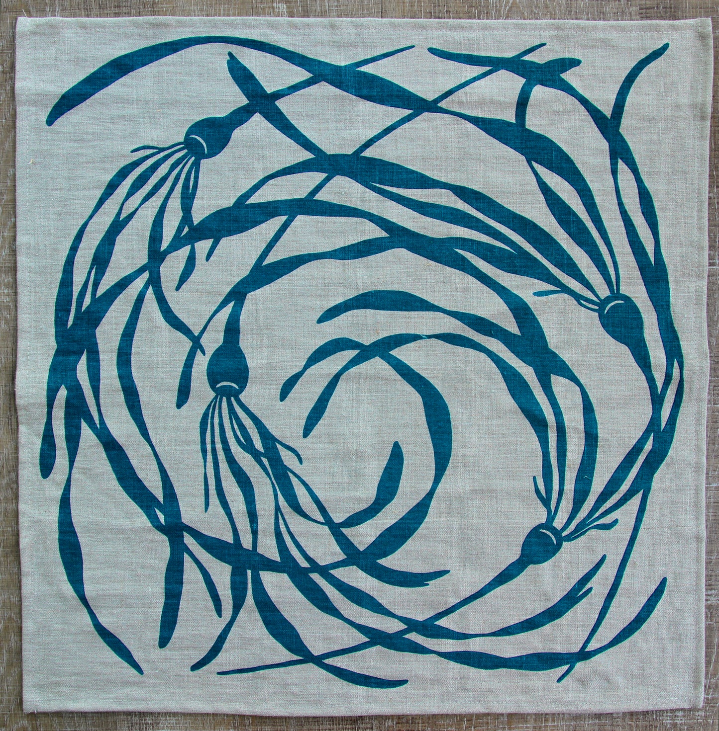 Bull Kelp Napkin in Pool on Natural Flax Linen