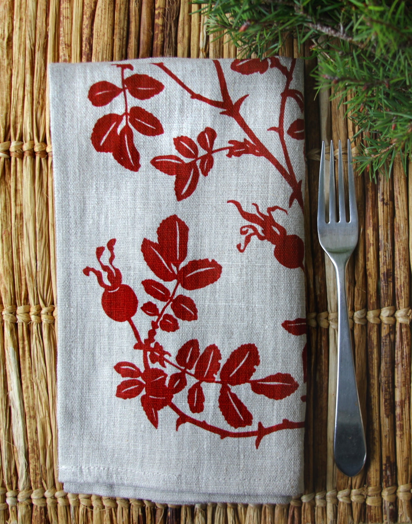 Nootka Napkin in Rose Hip Red on Natural Flax Linen