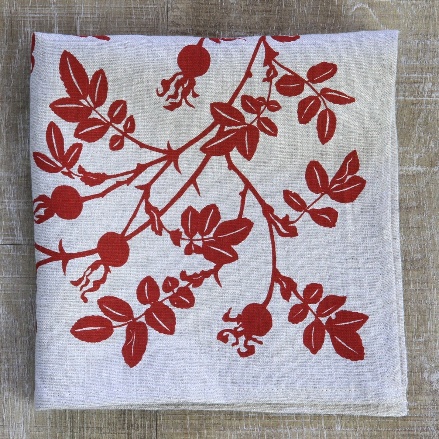 Nootka Napkin in Rose Hip Red on Natural Flax Linen