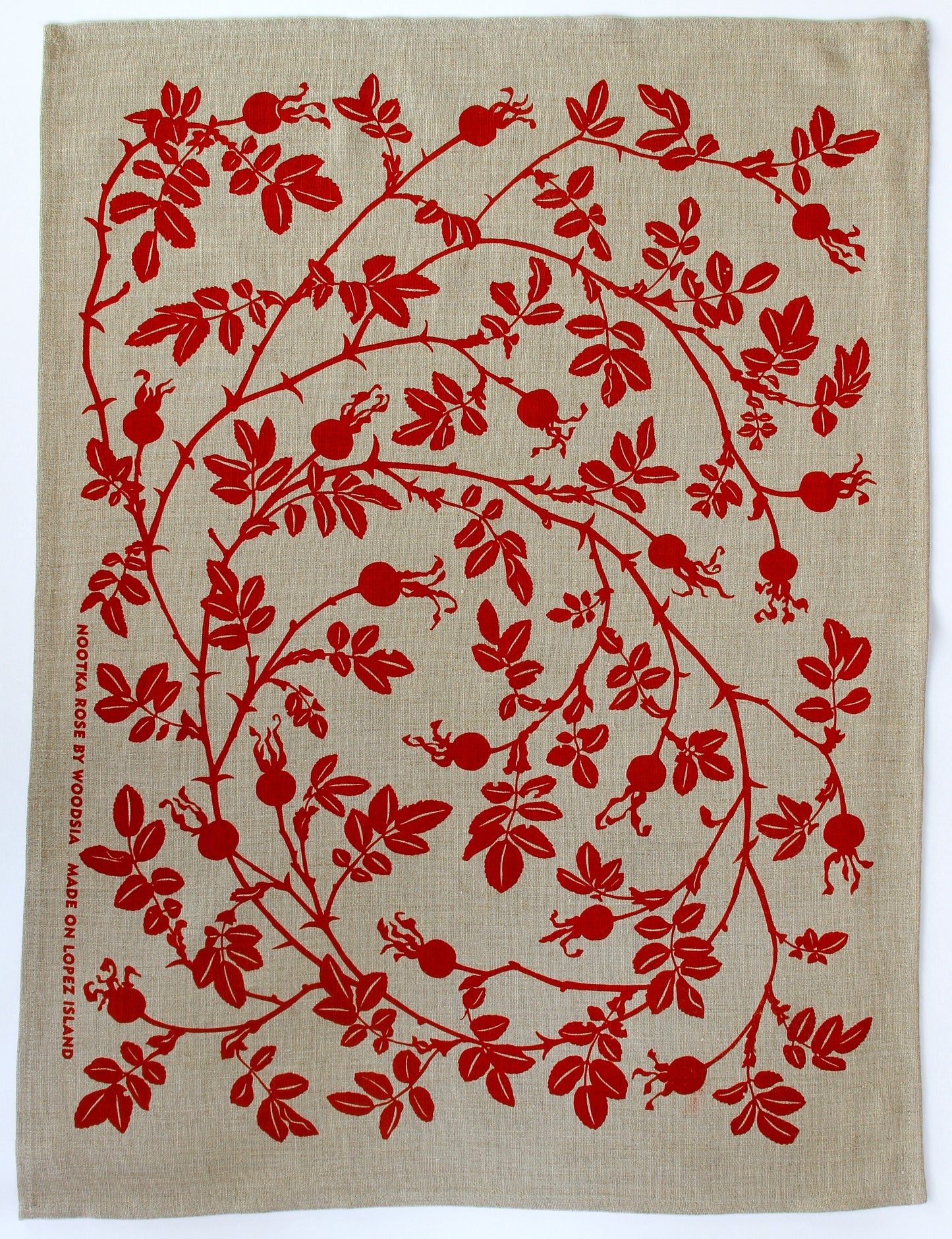 Nootka Rose Kitchen Towel in Red on Natural Linen