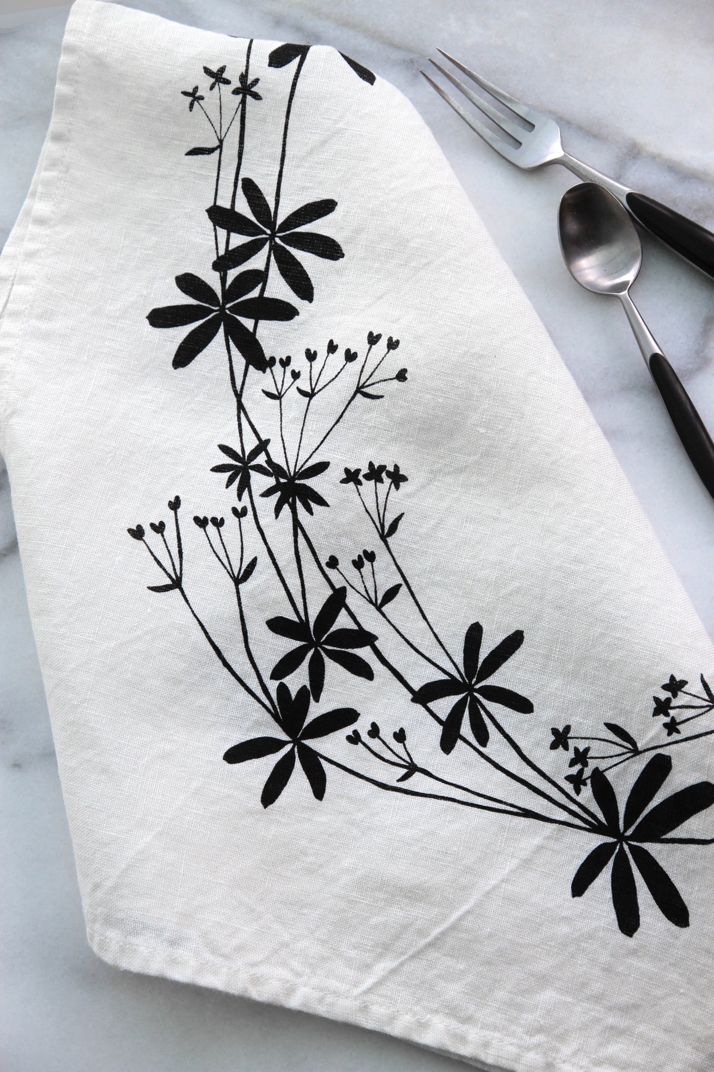 Bedstraw Kitchen Towel in Ink on White Linen