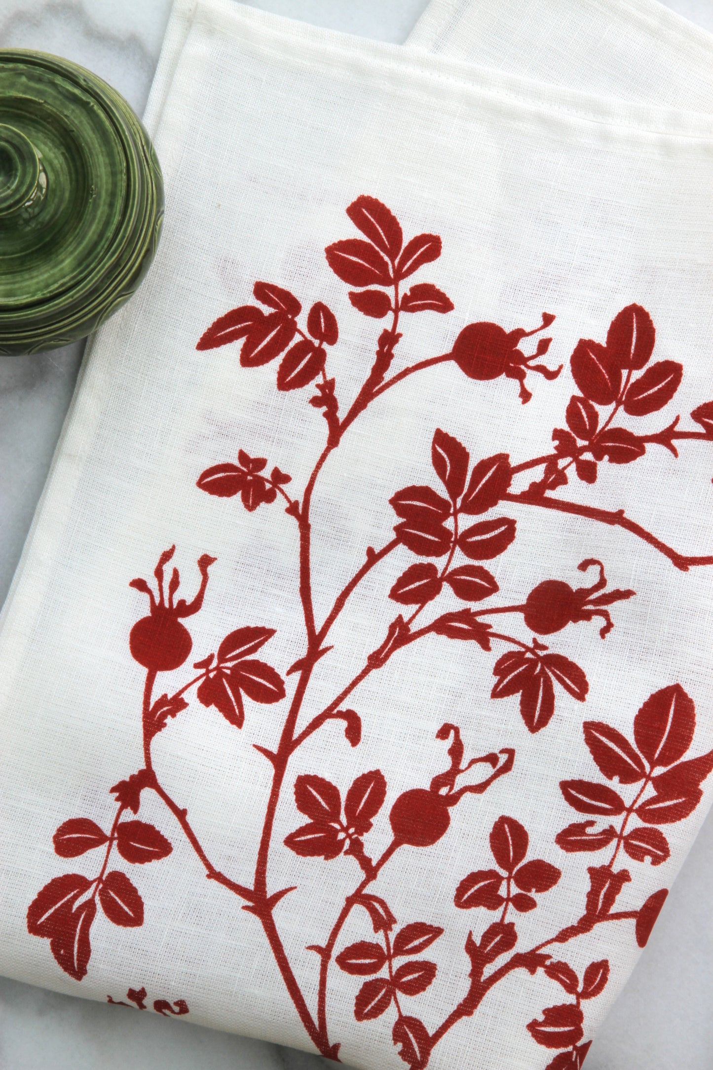 Nootka Rose Kitchen Towel in Red on White Linen