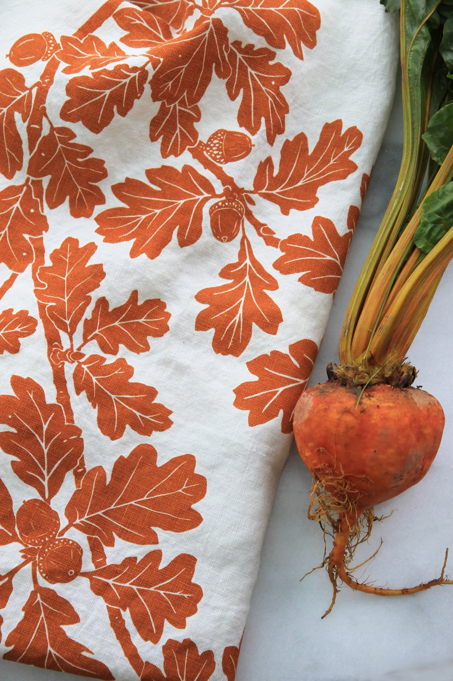 Garry Oak Kitchen Towel in Ochre on White Linen