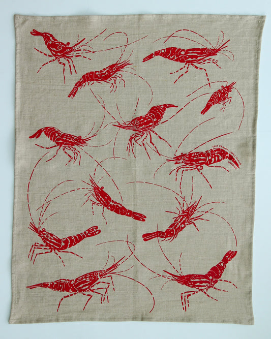 Spot Prawn Kitchen Towel on Natural Linen