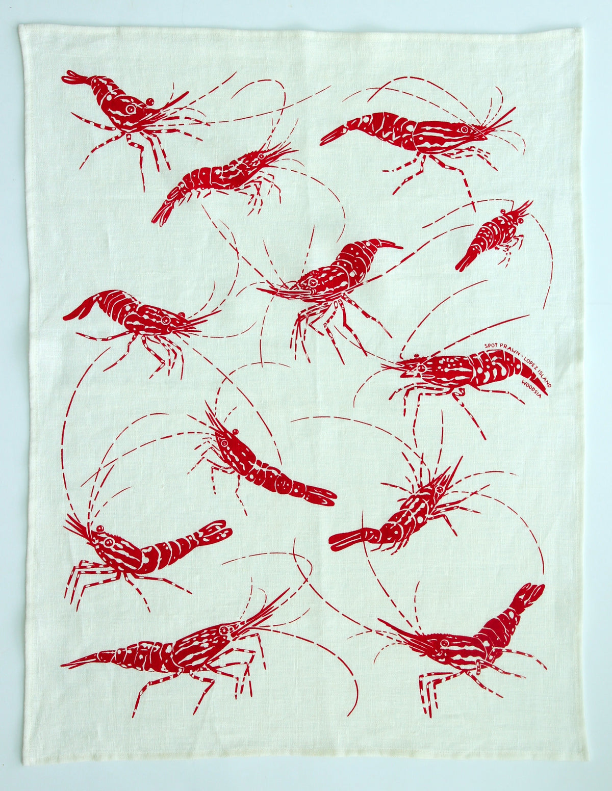 Spot Prawn Kitchen Towel on White Linen