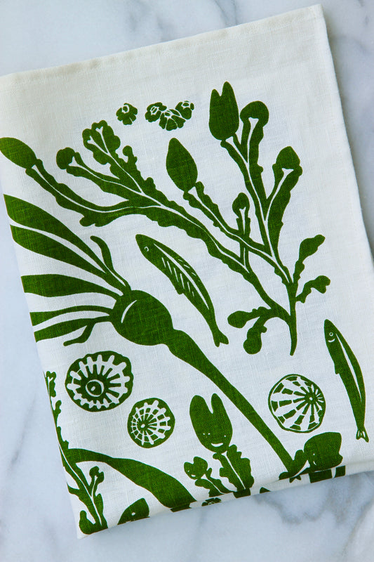 Salish Sea Kitchen Towel in Sprig on White Linen