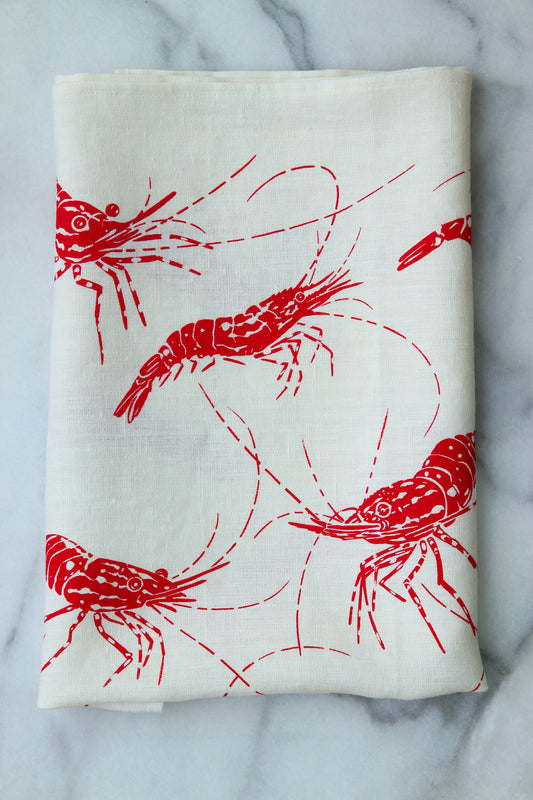 Spot Prawn Kitchen Towel on White Linen