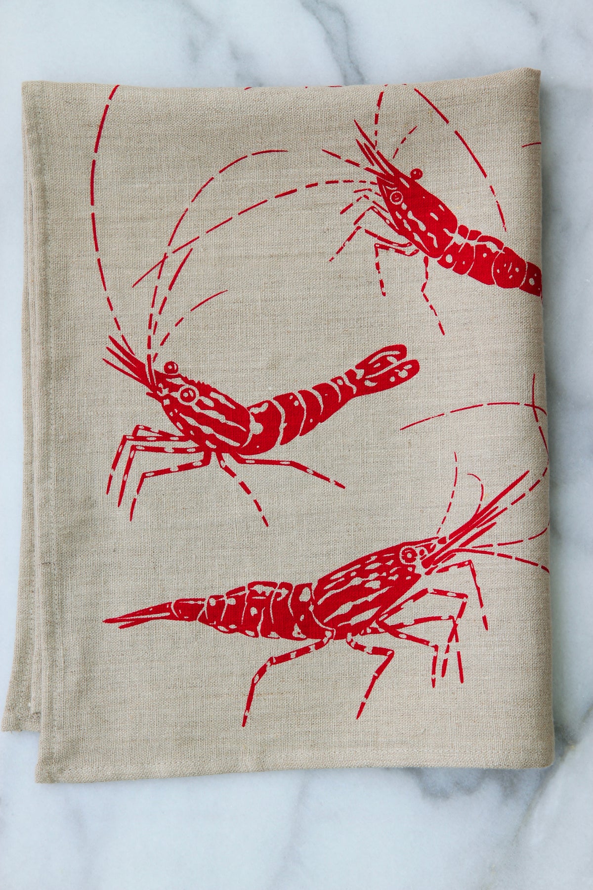 Spot Prawn Kitchen Towel on Natural Linen