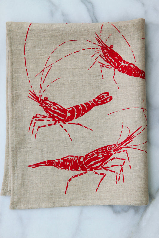 Spot Prawn Kitchen Towel on Natural Linen
