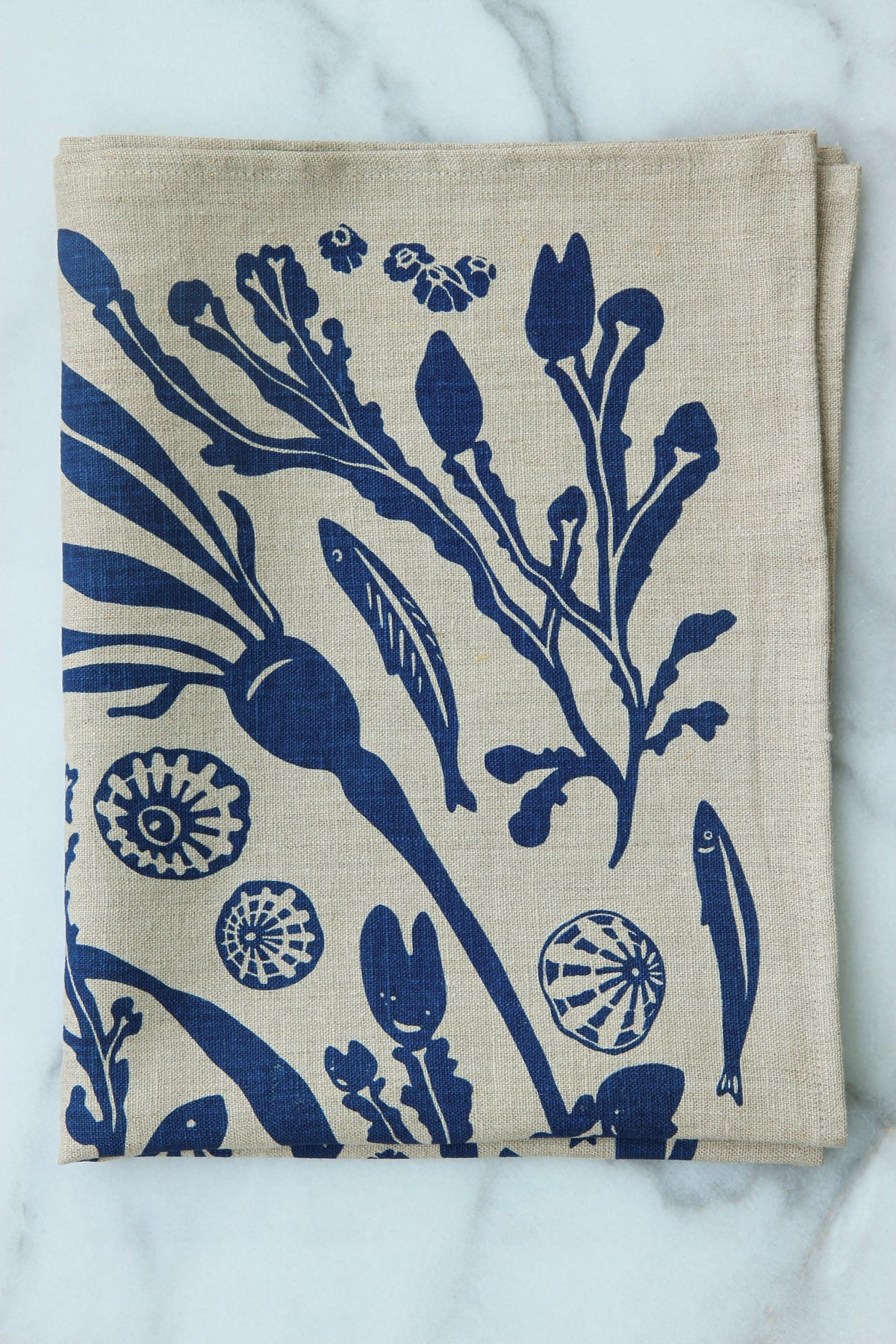 Salish Sea Kitchen Towel in Cove Blue on Natural Linen