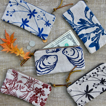 Flat Pouch - Wallet Size - Seaweed in Blue on Unbleached Linen