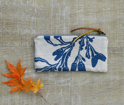 Flat Pouch - Wallet Size - Seaweed in Blue on Unbleached Linen