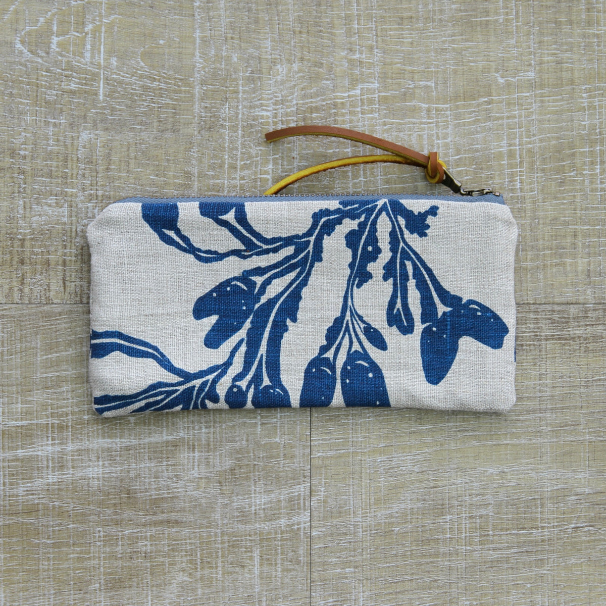 Flat Pouch - Wallet Size - Seaweed in Blue on Unbleached Linen