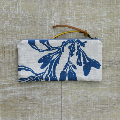 Flat Pouch - Wallet Size - Seaweed in Blue on Unbleached Linen