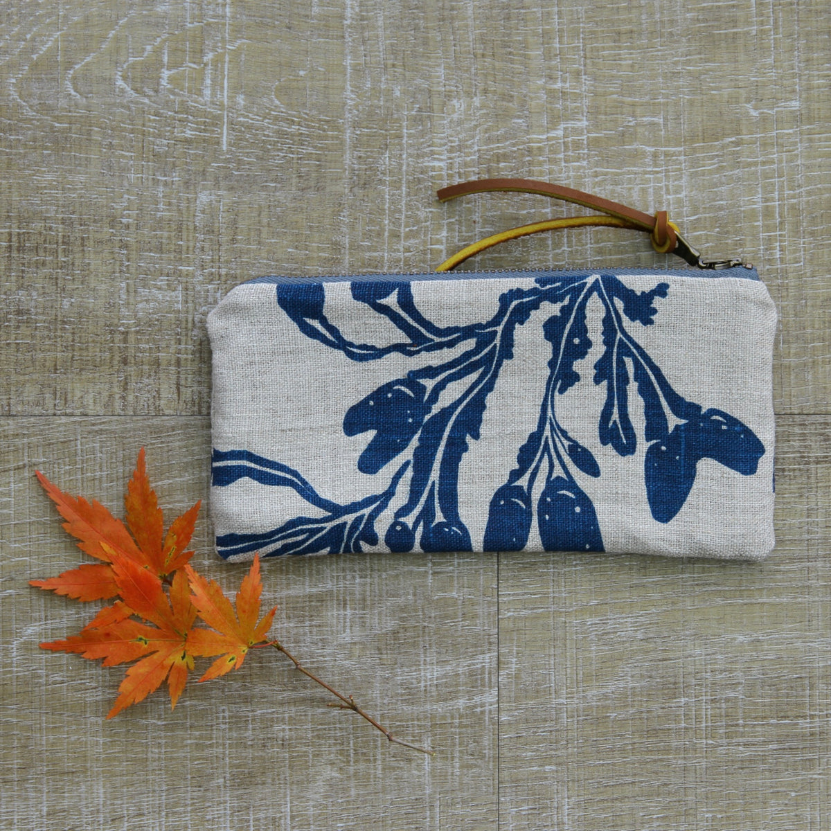 Flat Pouch - Wallet Size - Seaweed in Blue on Unbleached Linen