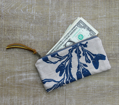 Flat Pouch - Wallet Size - Seaweed in Blue on Unbleached Linen