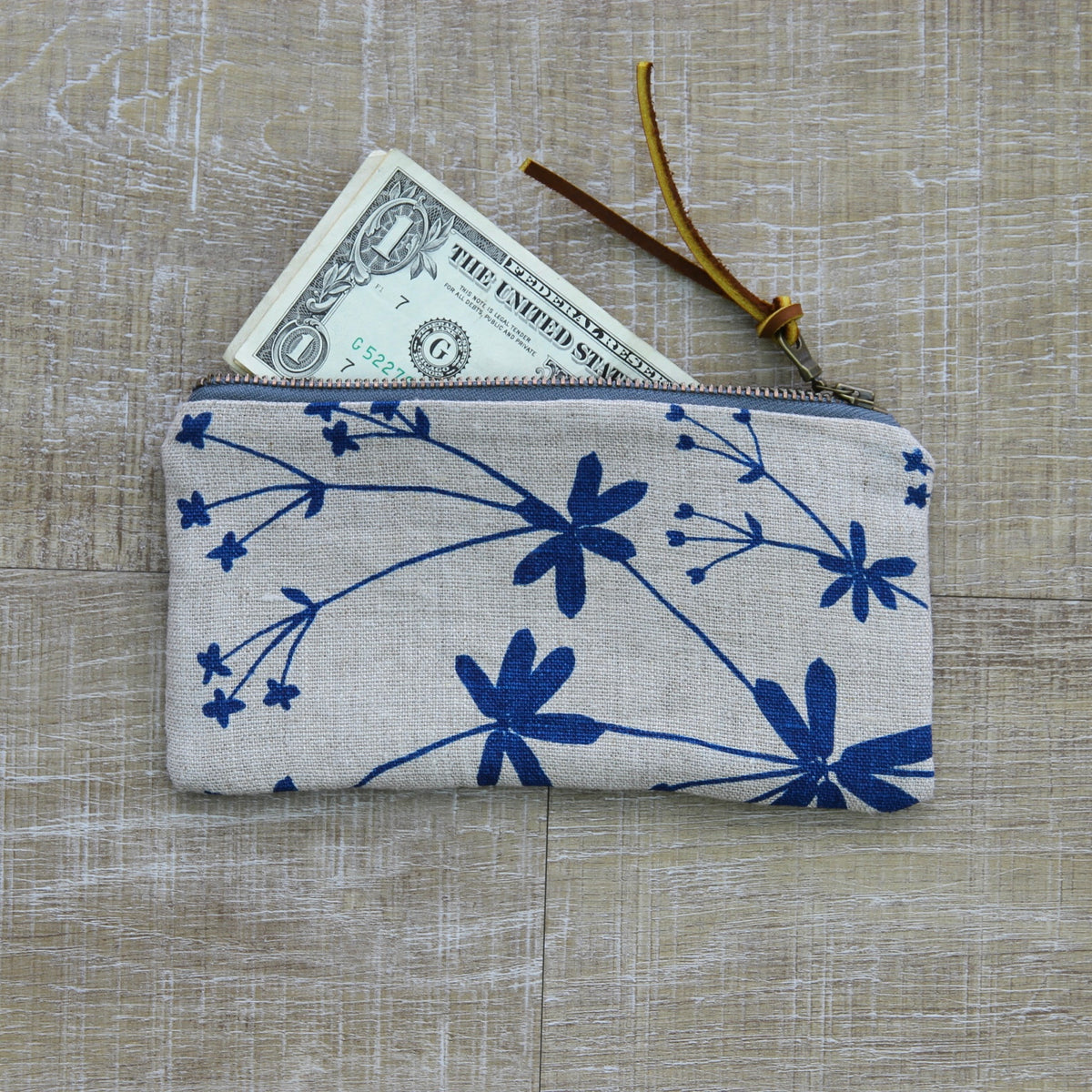Flat Pouch - Wallet Size - Bedstraw in Marine on Unbleached Canvas