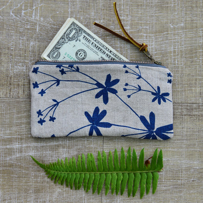 Flat Pouch - Wallet Size - Bedstraw in Marine on Unbleached Canvas