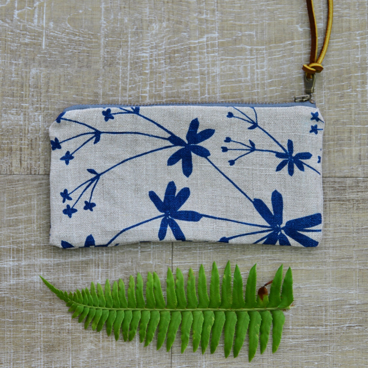 Flat Pouch - Wallet Size - Bedstraw in Marine on Unbleached Canvas