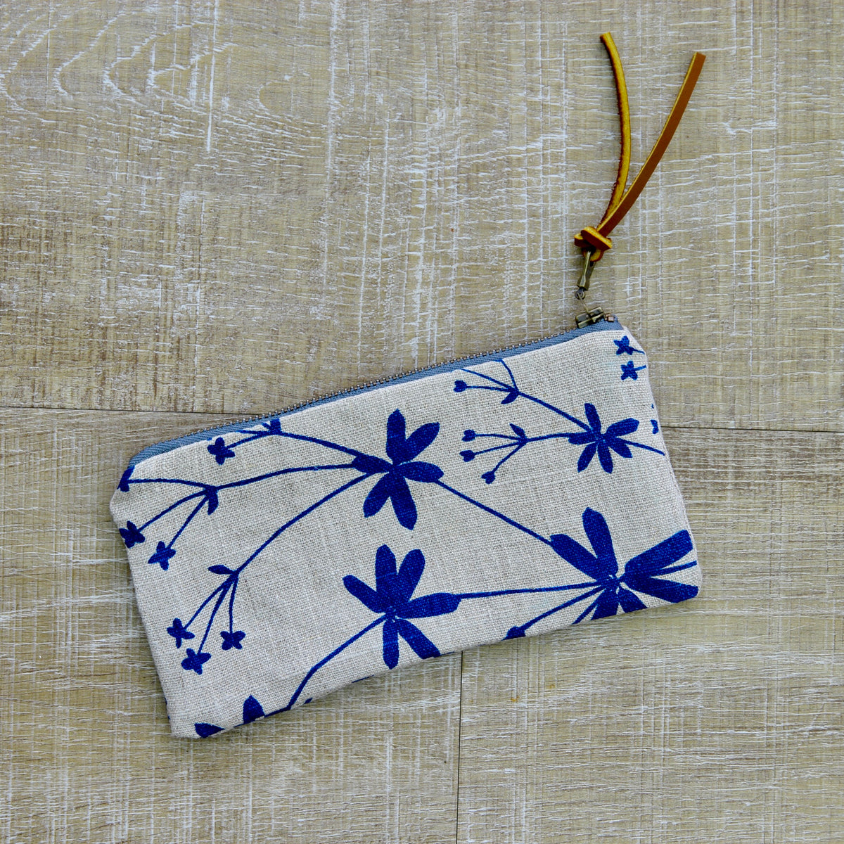 Flat Pouch - Wallet Size - Bedstraw in Marine on Unbleached Canvas