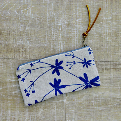 Flat Pouch - Wallet Size - Bedstraw in Marine on Unbleached Canvas
