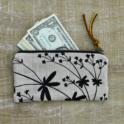 Flat Pouch - Wallet Size - Bedstraw in Black on Unbleached Linen