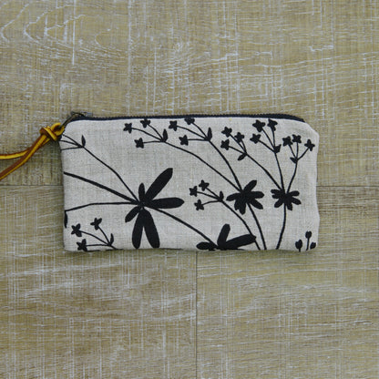 Flat Pouch - Wallet Size - Bedstraw in Black on Unbleached Linen