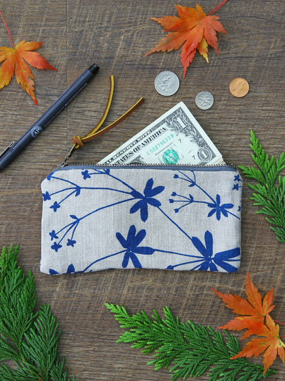 Flat Pouch - Wallet Size - Bedstraw in Marine on Unbleached Canvas