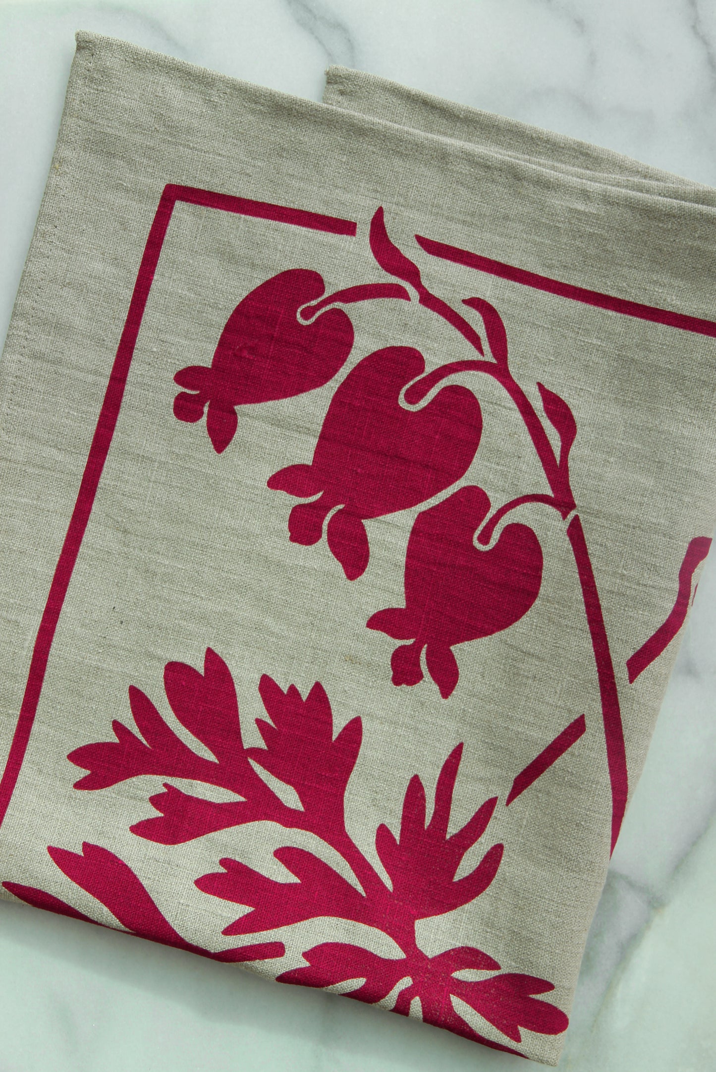 Bleeding Heart Kitchen Towel in Fuchsia on Natural Linen