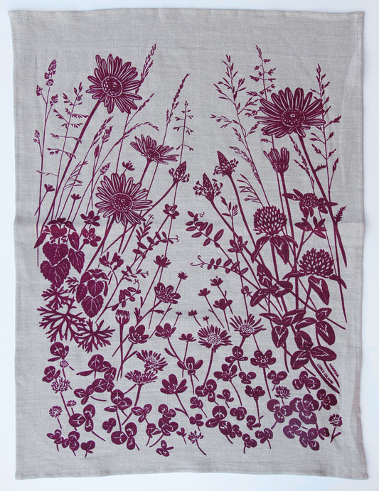 Springtime Wildflowers in Garnet on Natural Linen