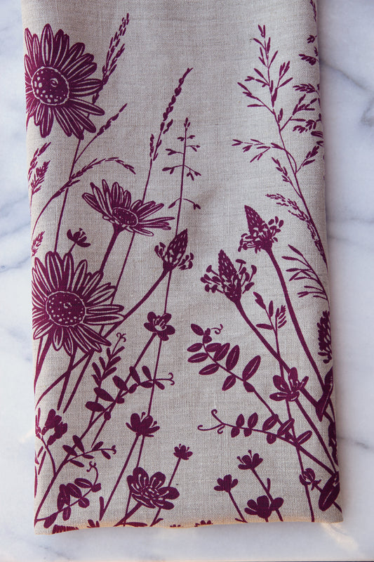 Springtime Wildflowers in Garnet on Natural Linen