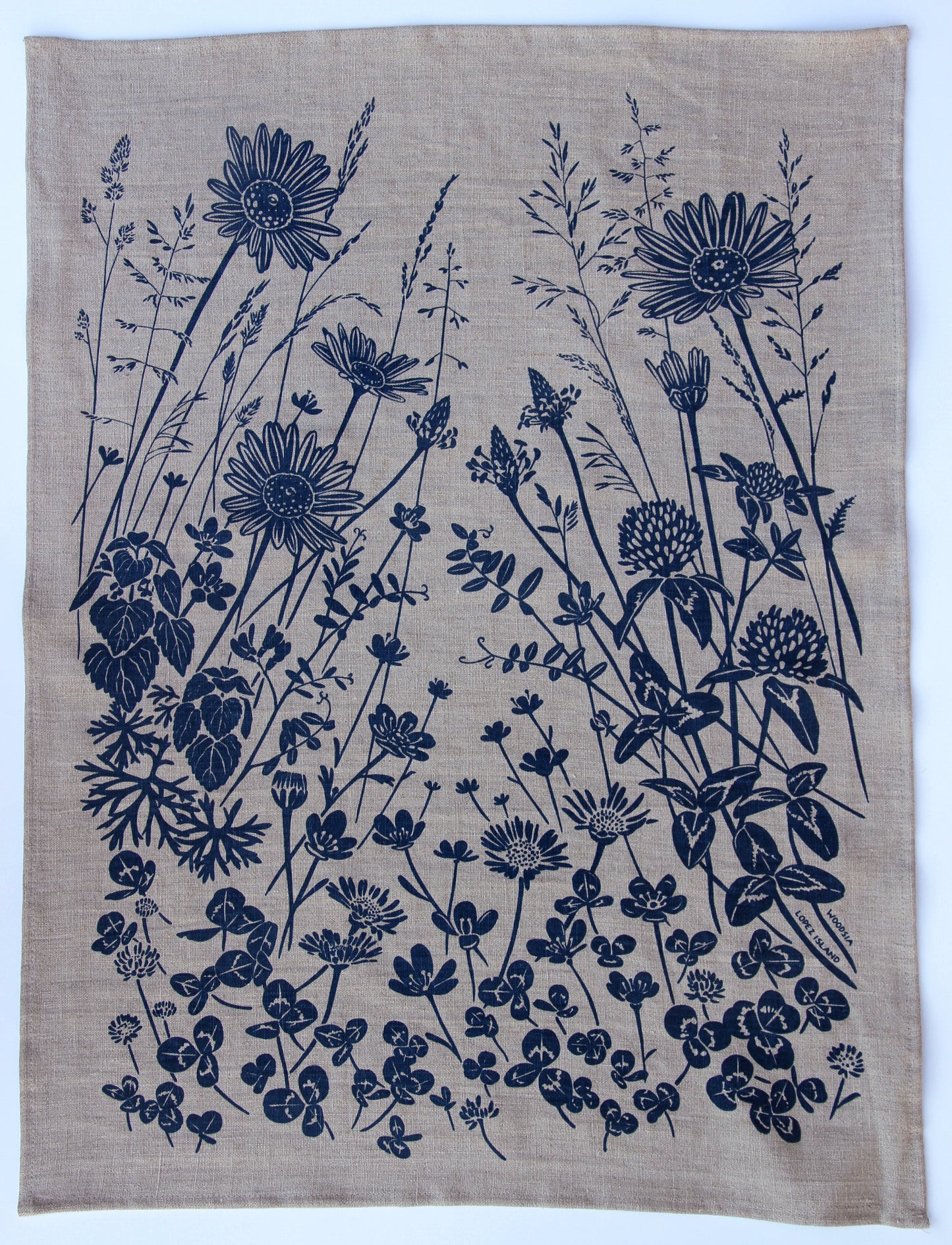 Springtime Wildflowers in Dusty Blue on Natural Linen