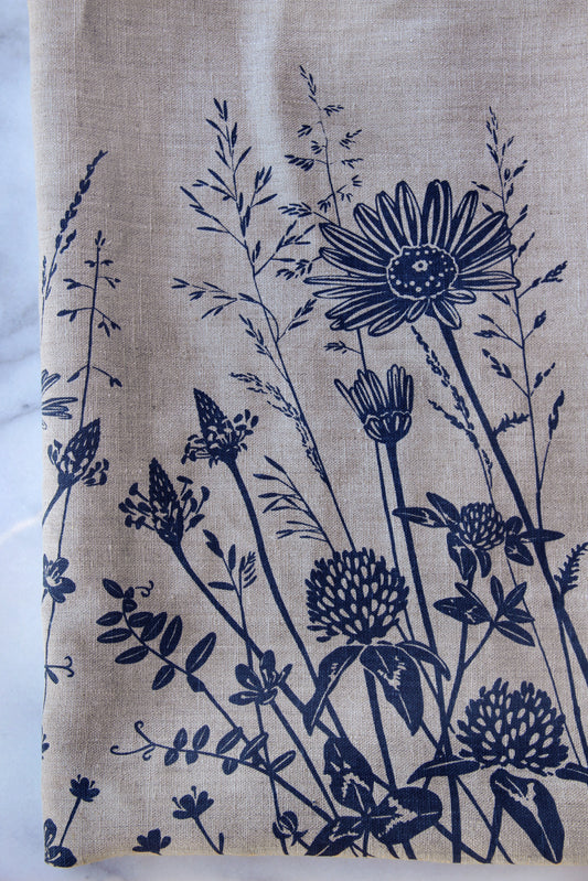 Roadside Wildflowers in Dusty Blue on Natural Linen