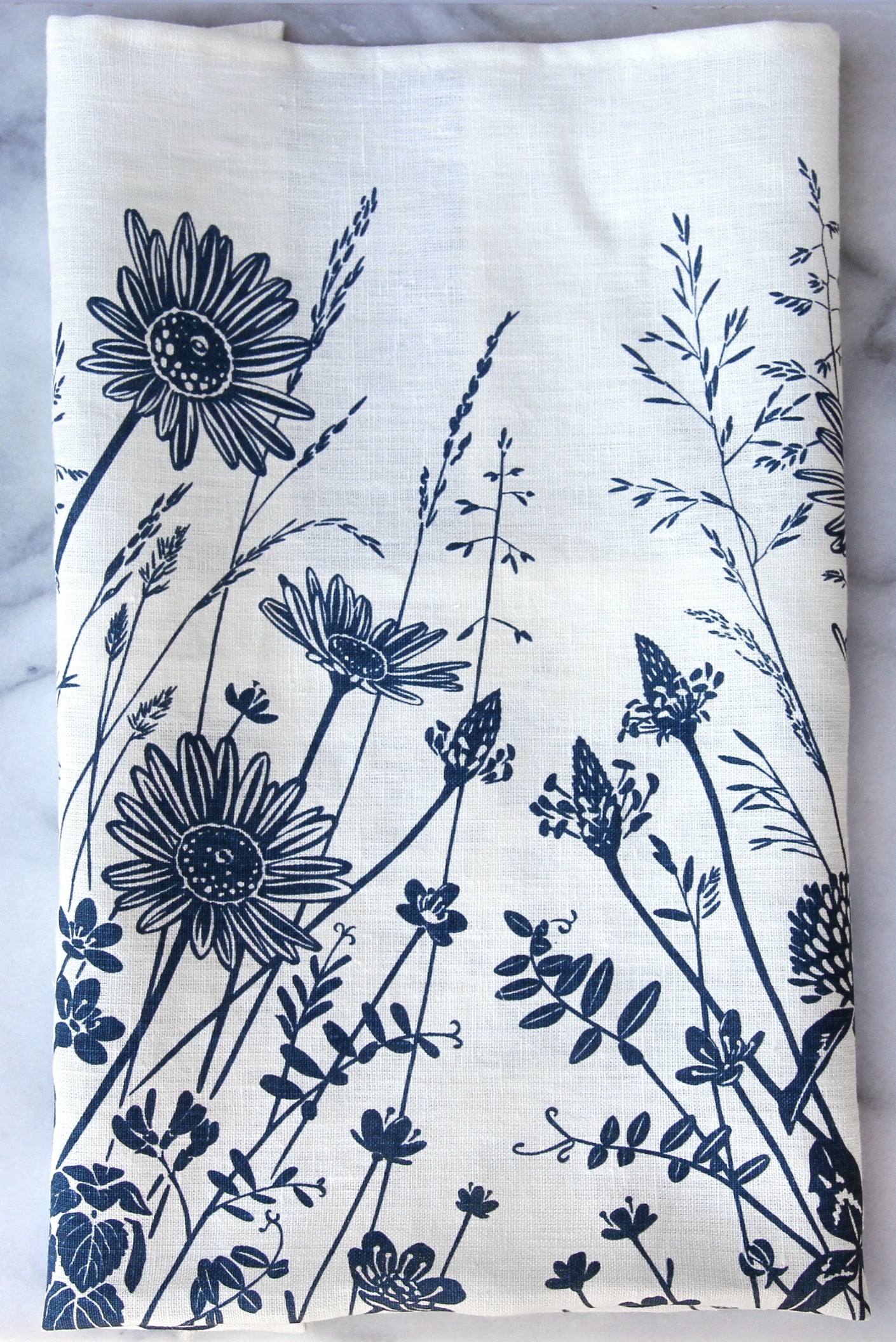 Springtime Wildflowers in Dusty Blue on White Linen